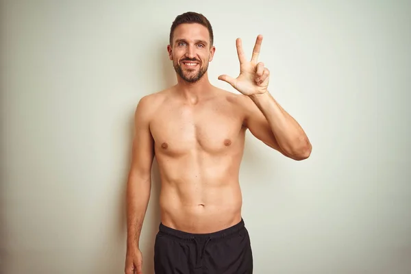 Young Handsome Shirtless Man Isolated Background Showing Pointing Fingers Number — Stock Photo, Image