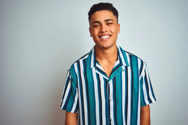 Young Brazilian Man Wearing Summer Striped Shirt Standing Isolated White — Stock Photo, Image