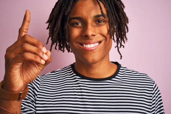 Afro American Man Dreadlocks Wearing Navy Striped Shirt Isolated Pink — Stock Photo, Image