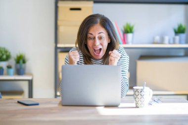 Orta yaş kıdemli kadın evde masada oturan çalışan bilgisayar laptop kullanarak çok mutlu ve heyecanlı silah ile kazanan jest yapıyor, gülümseyen ve başarı için çığlık kaldırdı. Kutlama konsepti.