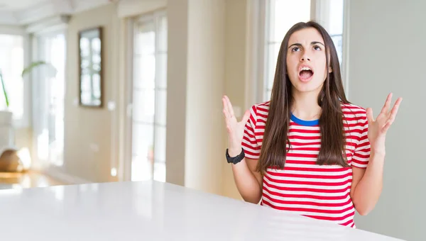 Beautiful Young Woman Wearing Casual Stripes Shirt Crazy Mad Shouting — Stock Photo, Image