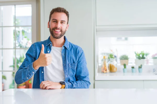 Handsome Man Home Doing Happy Thumbs Gesture Hand Approving Expression — Stock Photo, Image