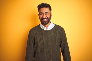 Seksi ifade, neşeli ve mutlu yüz ile kamera bakarak izole sarı arka plan üzerinde ayakta yeşil kazak ve gömlek giyen genç Hintli adam.