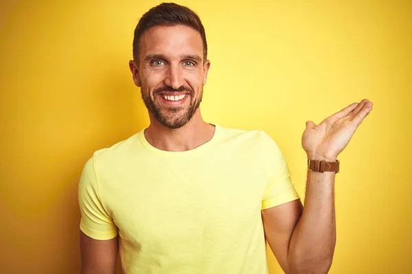 Young Handsome Man Wearing Casual Yellow Shirt Yellow Isolated Background — Stock Photo, Image