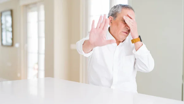 Handsome Senior Man Home Covering Eyes Hands Doing Stop Gesture — Stock Photo, Image