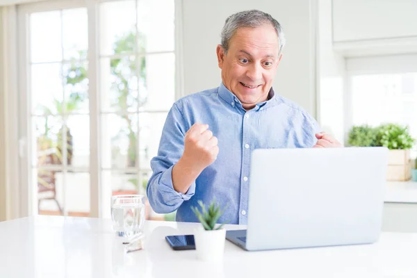 Przystojny Starszy Człowiek Przy Pomocy Rachmistrz Laptop Działanie Internet Krzyczeć — Zdjęcie stockowe
