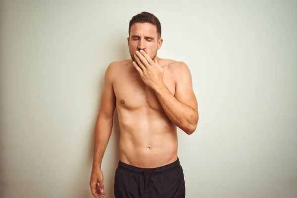 Young Handsome Shirtless Man Isolated Background Bored Yawning Tired Covering — Stock Photo, Image