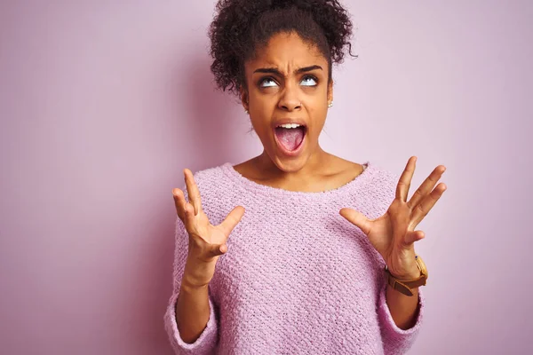 Young African American Woman Wearing Winter Sweater Standing Isolated Pink — Stock Photo, Image