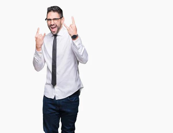 Jovem Homem Negócios Bonito Vestindo Óculos Sobre Fundo Isolado Gritando — Fotografia de Stock