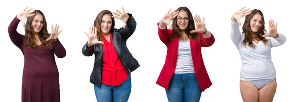 Colagem Mulher Bonita Size Sobre Fundo Isolado Sorrindo Fazendo Quadro — Fotografia de Stock