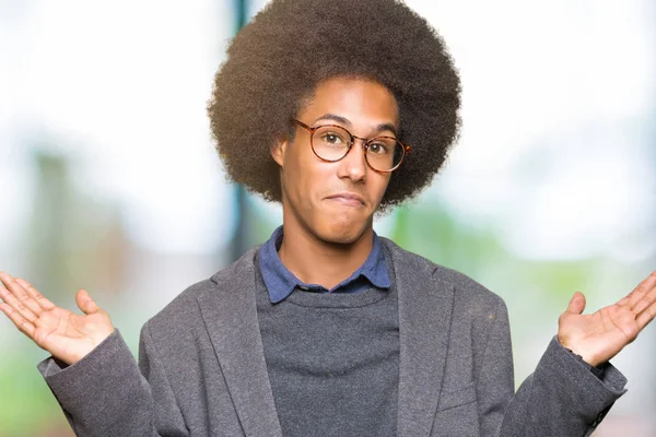 Young African American Business Man Afro Hair Wearing Glasses Clueless — Stock Photo, Image