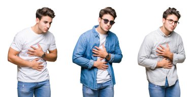 İzole arka plan üzerinde genç yakışıklı adam kolaj mide üzerine el ile çünkü hazımsızlık, ağrılı hastalık duygusunu. Ağrı kavramı.