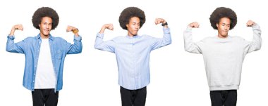 Kol kasları gururlu gülümseyen gösterilen beyaz izole arka plan üzerinde afro saçlı Genç adam kolaj. Fitness kavramı.