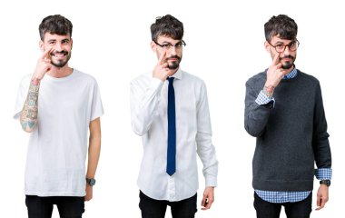 Kolaj gencin izole arka plan üzerinde göz izlerken seni jest için şüpheli ifade işaret