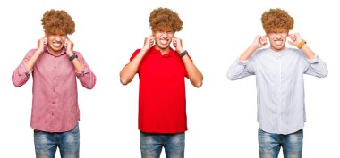 İzole beyaz arka plan üzerinde Kıvırcık saçlı Genç Bussines adam kolaj gürültülü müzik gürültü için rahatsız ifade ile parmaklar ile kulakları kaplayan. Sağır kavramı.