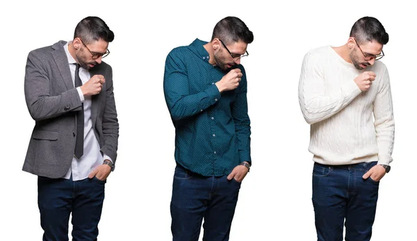 Colagem Homem Negócios Bonito Sobre Fundo Isolado Branco Sentindo Mal — Fotografia de Stock