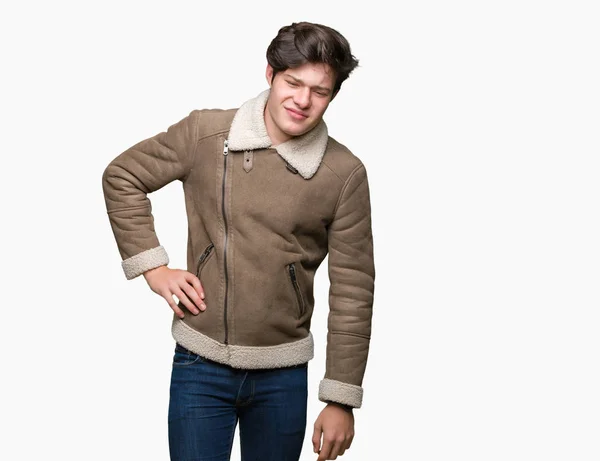 Young Handsome Man Wearing Winter Coat Isolated Background Suffering Backache — Stock Photo, Image