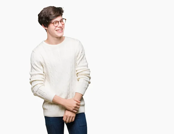 Joven Hombre Guapo Con Gafas Sobre Fondo Aislado Mirando Hacia — Foto de Stock