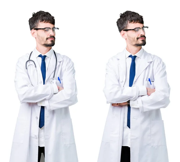 Kolaż Młodego Lekarza Człowiek Nosi Płaszcz Medyczny Uśmiechnięty Patrząc Bok — Zdjęcie stockowe