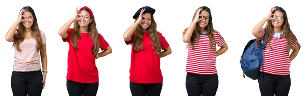 Colagem Bela Jovem Sobre Fundo Isolado Fazendo Gesto Com Mão — Fotografia de Stock