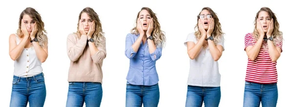 Collage Joven Hermosa Rubia Sobre Fondo Aislado Las Manos Cansadas — Foto de Stock