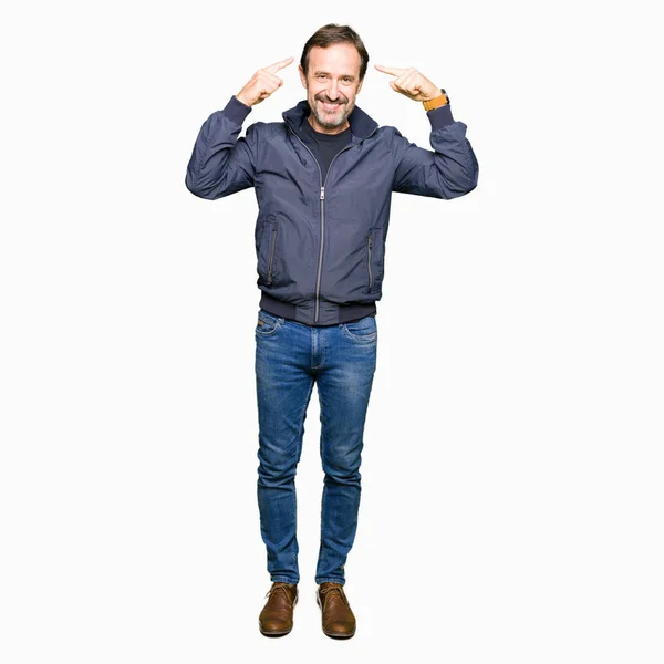 Middle Age Handsome Man Wearing Jacket Smiling Pointing Head Both — Stock Photo, Image