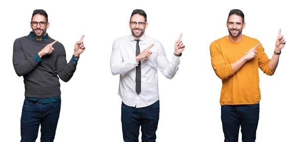 Collage Van Knappe Man Witte Geïsoleerde Achtergrond Glimlachen Kijken Naar — Stockfoto