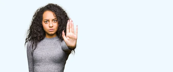 Young Beautiful Girl Curly Hair Doing Stop Sing Palm Hand — Stock Photo, Image