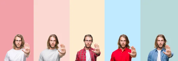 Collage Joven Hombre Guapo Sobre Rayas Colores Fondo Aislado Haciendo — Foto de Stock