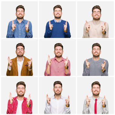 Beyaz izole arka plan üzerinde farklı görünüyor giyen yakışıklı genç iş adamı kolaj umut ve gözler kapalı gözleri geçiş gülümseyen. Şans ve batıl fikir.