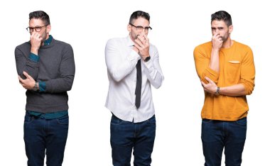 Beyaz izole arka plan üzerinde yakışıklı adam kolaj bir şey kokmuş ve mide bulandırıcı, dayanılmaz koku, burun parmaklarıyla nefes tutarak. Kötü koku kavramı.