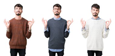 İzole arka planda bir kazak giyen genç adam kolaj rahatlayın ve gözleri ile gülümseyen meditasyon jest parmaklar ile kapalı. Yoga konsepti.