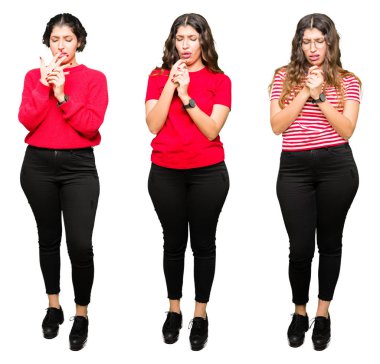 Beyaz izole arka plan üzerinde güzel genç kadın kolaj eller ve parmaklar, artrit iltihabı acı acı