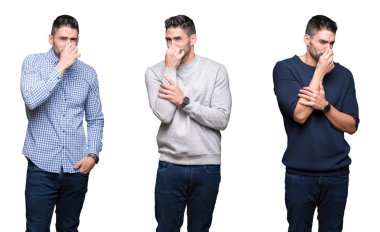 Kolaj yakışıklı iş adamı üzerinde beyaz bir arka plan bir şey pis ve iğrenç kokulu, dayanılmaz koku, holding nefes burun parmaklar ile izole. Kötü kokuyor kavramı.