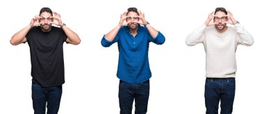 Beyaz izole arka planda yakışıklı adamın kolaj sabah yorgunluk için parmaklar, Uykulu ve yorgun gözleri açmaya çalışıyorum