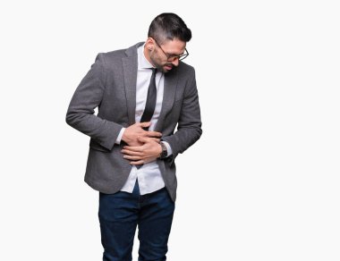 Genç yakışıklı iş adam izole mide üzerinde el ile arka plan çünkü mide bulantısı, ağrılı hastalık hasta hissediyor. Ağrısı kavramı.