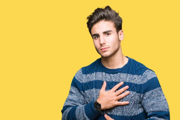 Homem Bonito Jovem Sobre Fundo Isolado Com Mão Estômago Porque — Fotografia de Stock