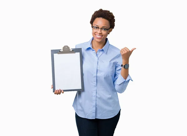 Young African American Businesss Woman Holding Clipboard Isolated Background Pointing — Stock Photo, Image