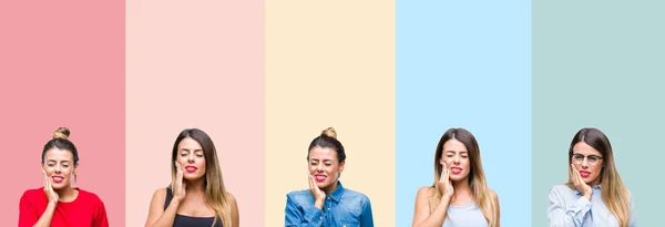 Collage Mujer Hermosa Joven Sobre Rayas Colores Fondo Aislado Tocando —  Fotos de Stock