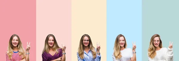 Collage Beautiful Young Woman Colorful Stripes Isolated Background Smiling Happy — Stock Photo, Image