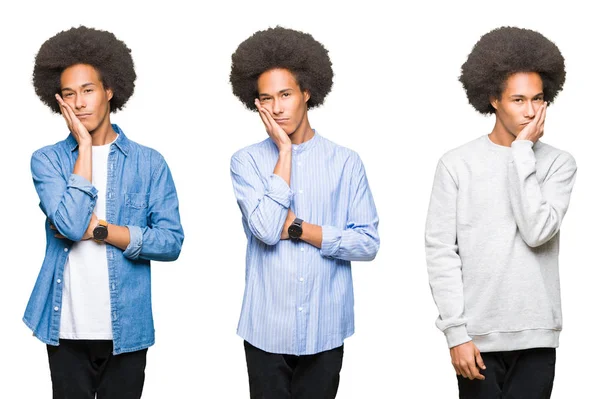 Collage Giovane Uomo Con Capelli Afro Sfondo Bianco Isolato Pensando — Foto Stock