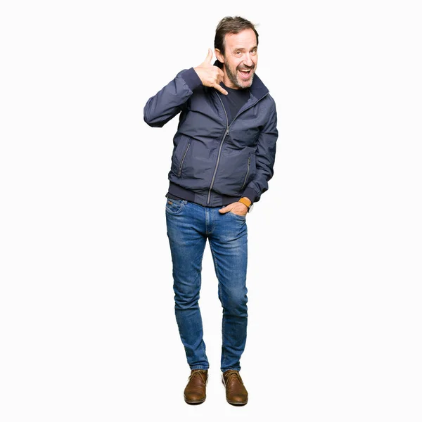 Middle Age Handsome Man Wearing Jacket Smiling Doing Phone Gesture — Stock Photo, Image