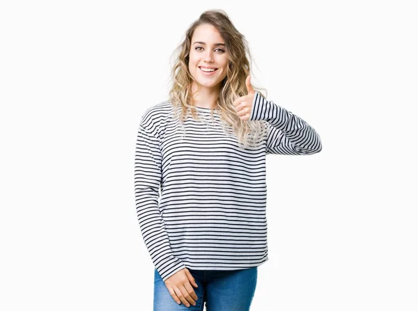 Beautiful Young Blonde Woman Wearing Stripes Sweater Isolated Background Doing — Stock Photo, Image