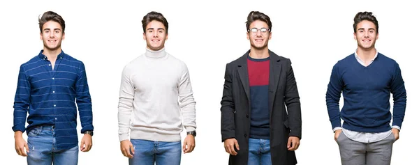 Collage Unga Stiliga Affärsman Över Isolerade Bakgrund Med Glad Och — Stockfoto