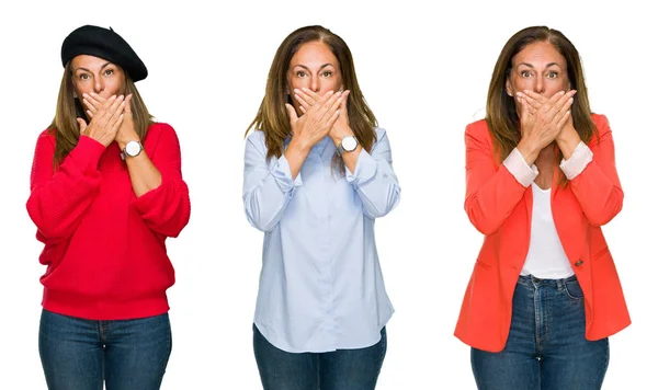 Collage Hermosa Mujer Mediana Edad Sobre Fondo Blanco Aislado Impactó —  Fotos de Stock