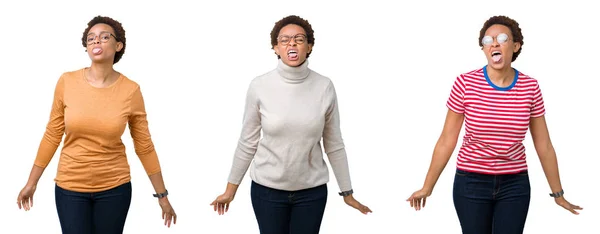 年轻的非洲裔美国妇女戴着眼镜 戴着眼镜伸出舌头高兴与有趣的表情 情感概念 — 图库照片