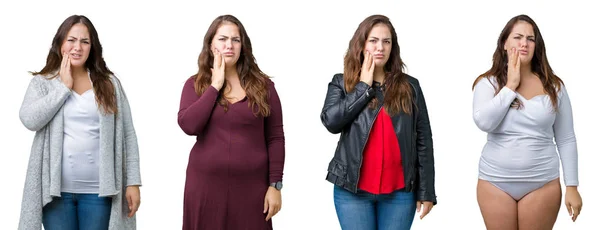 Collage Vackra Size Kvinna Över Isolerad Bakgrund Röra Munnen Med — Stockfoto