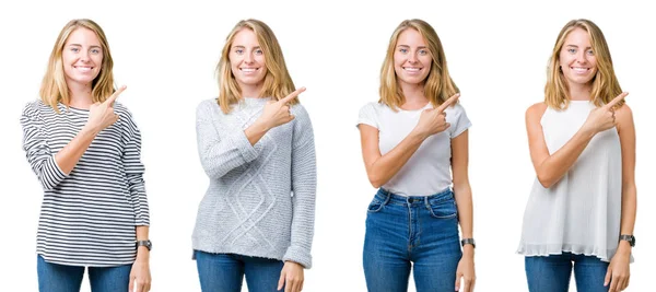 Colagem Bela Mulher Loira Sobre Fundo Isolado Branco Alegre Com — Fotografia de Stock