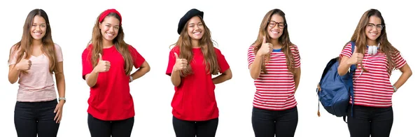 Collage Belle Jeune Femme Sur Fond Isolé Faisant Des Pouces — Photo