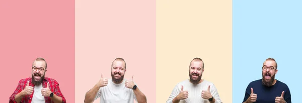 Colagem Jovem Com Barba Sobre Listras Coloridas Isolado Sinal Sucesso — Fotografia de Stock